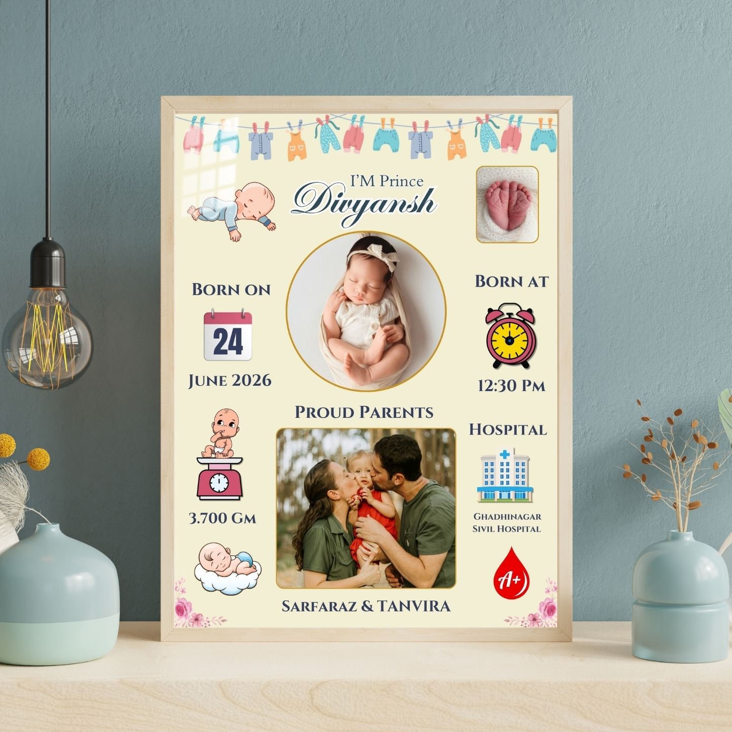 Personalized NewBorn Baby birth Details Customize Photo Frame