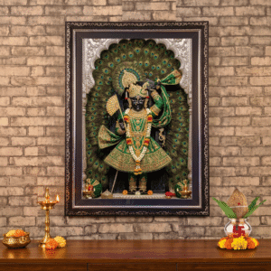 Majestic Lord Krishna Statue in Peacock Feather photo frame